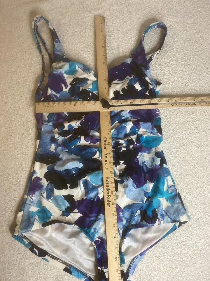 Roxanne Swimsuit Women 14 One Piece Ruched Purple Blue Floral Boy Short Romper - Image 4 of 4