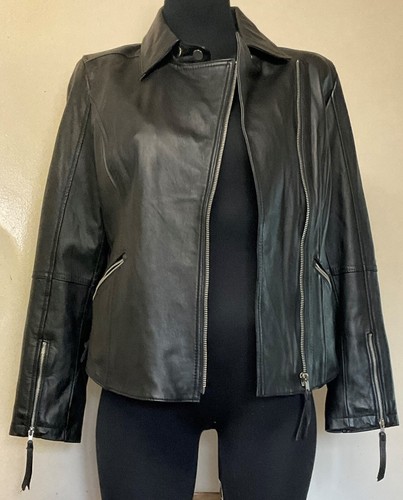Chaqueta Twiggy London Chic Negra 100% Cuero Cremallera Asimétrica Talla X-Pequeña - Imagen 11 de 19