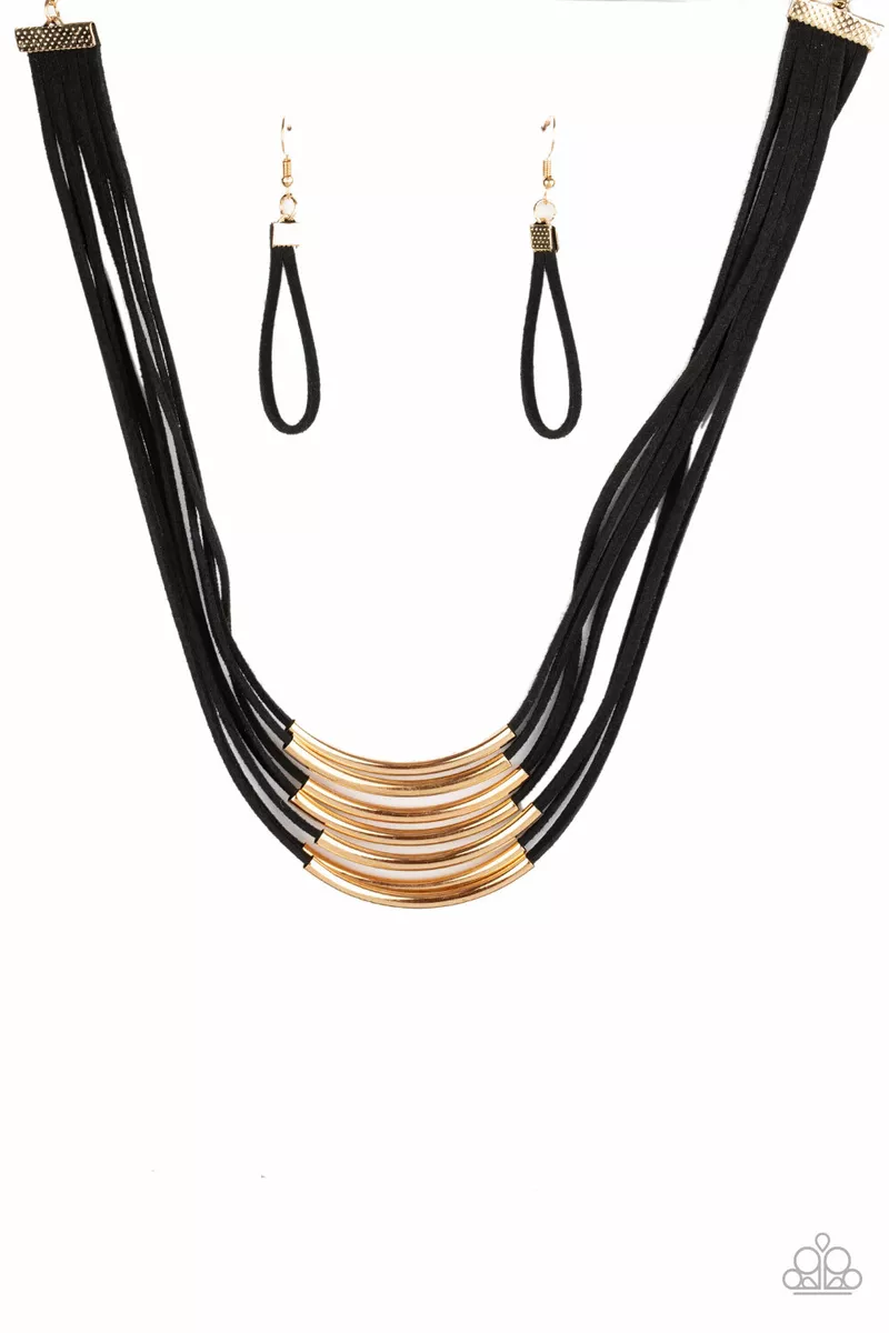 Paparazzi Necklace Walk the Walkabout Black Suede with Gold