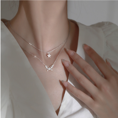 Sterling Silver Plated Butterfly CZ Layered Pendant Necklace