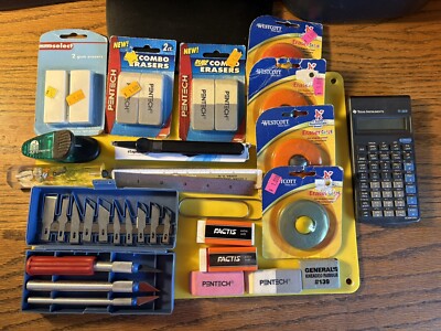 20 OFFICE SUPPLY ITEMS-CALCULATER-KNIFE SET-ERASERS-RULERS-CLIPS NEW&USED L-20