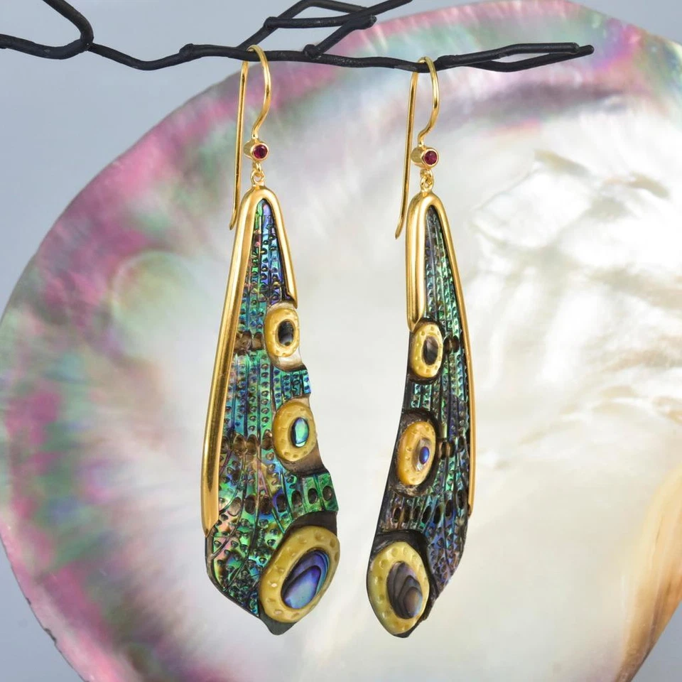 Pendientes Ala Libélula Abulón Talla Oro Vermeil Plata Esterlina Rubí 10.97g Foto 3 de 4