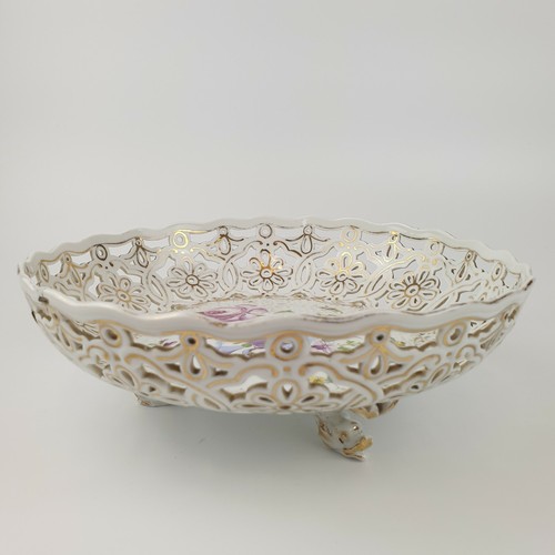 Antique Dresden Porcelain Reticulated Bowl Dolphin Feet Floral Decoration Repair - Picture 2 of 12