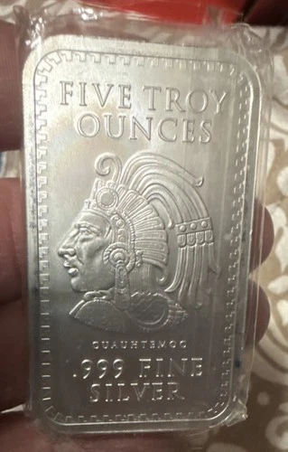 5 oz .999 Fine Silver Bar Aztec Calendar Cuauhtemoc Design 0.999 Fineness