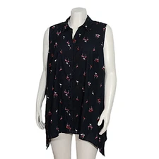 Catherines Womens Top Size 1X Black Sleeveless Button Up Pink Flamingo Lagenlook