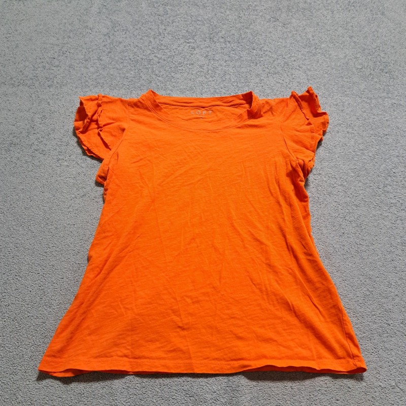 Loft Shirt Top Women's Small Orange Stretch Ruffle Sleeve Round Neck Pullover