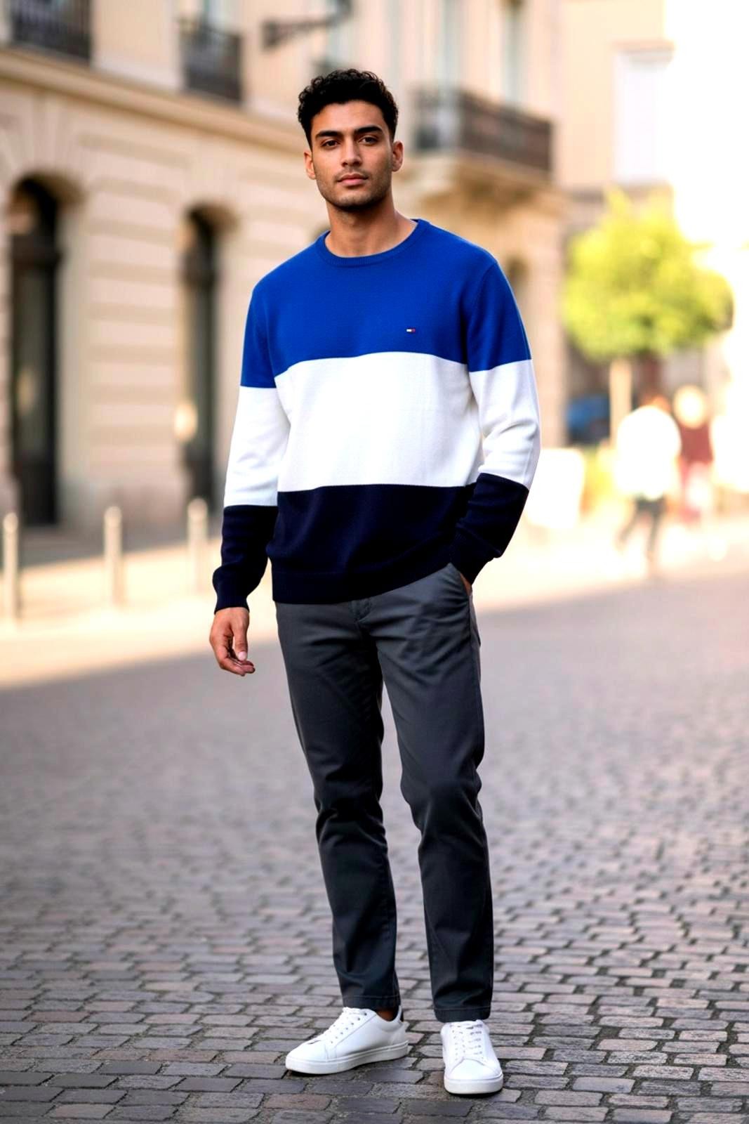 TOMMY HILFIGER Men's L Blue/White/Black ColorBlock 100% Cotton Crew Neck Sweater
