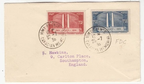 FRANCE 1936 *UNVEILING of CANDIAN WAR MEMORIAL VIMY* plain FDC