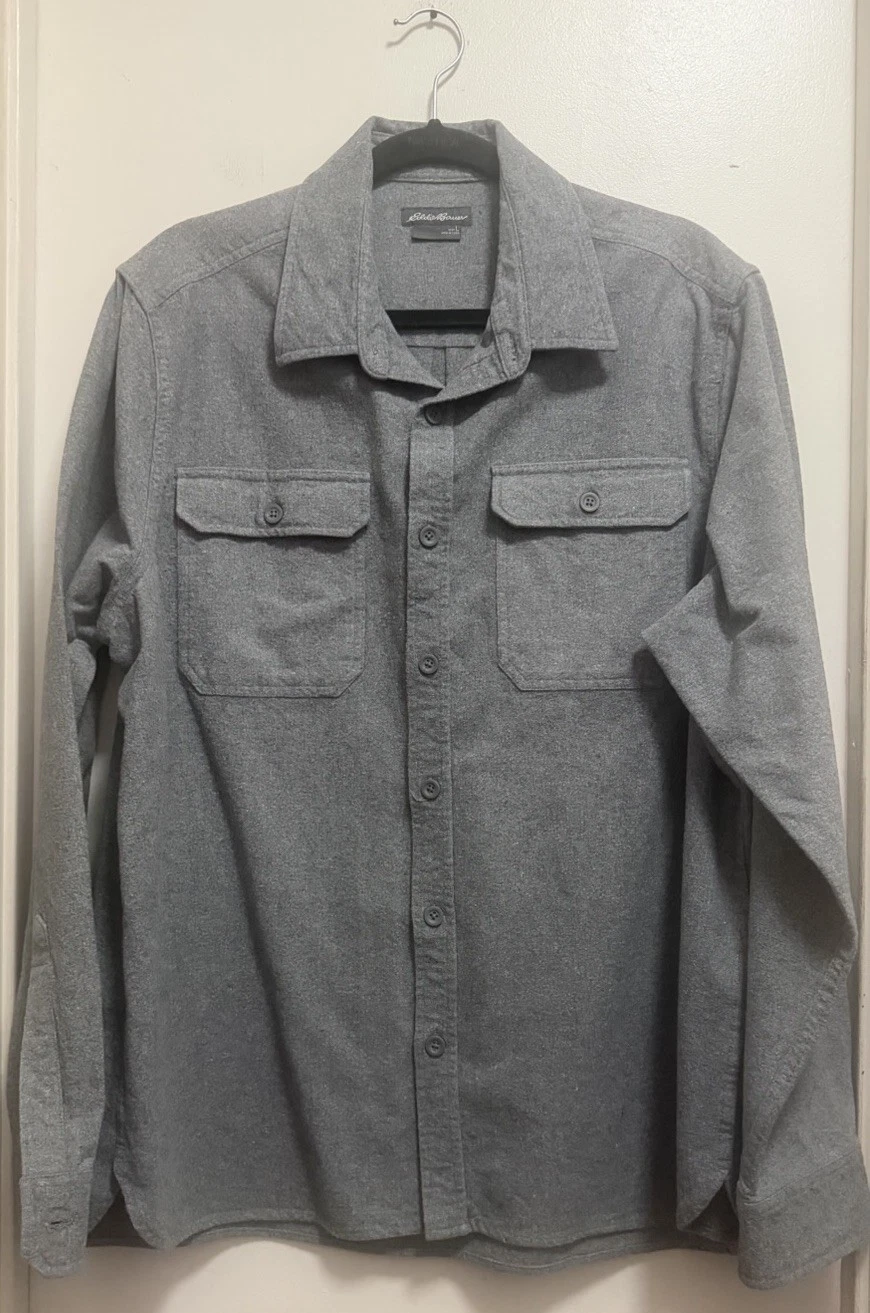 Eddie Bauer 100% Cotton Logo Gray Flannel Pockets Collar Button Down Shirt Sz L