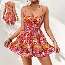 Floral Print Lace-Up Back Mini Dress Women's Summer Short Beach Dress
