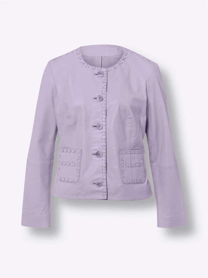 Mode von Heine Damen Lederjacke Rundhals Langarm Gefüttert flieder NEU - Bild 2 von 3