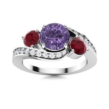 5MM Round Amethyst  Ruby Three Stone Women Wedding Ring 925 Sterling Silver