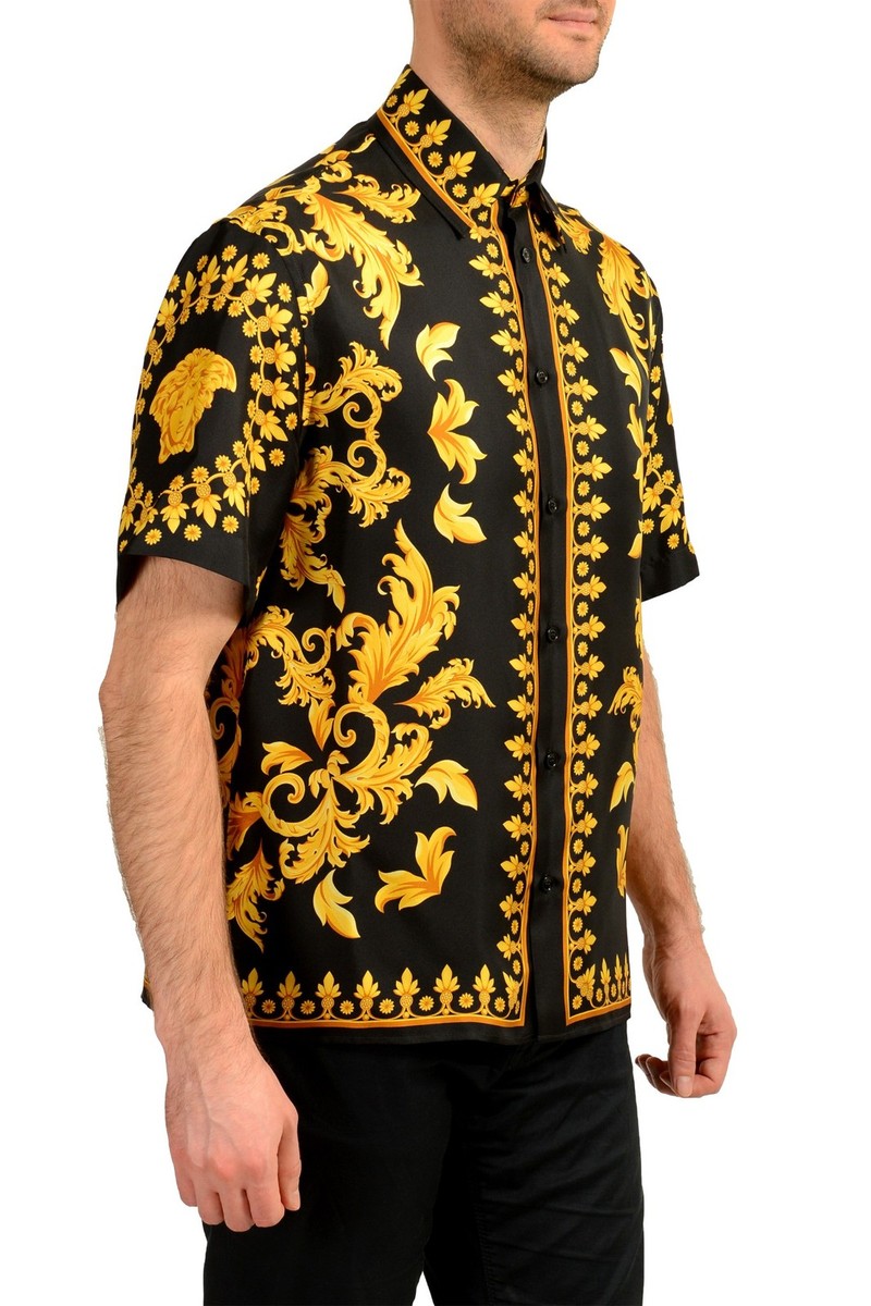Versace Men's Signature Print Black & Gold Short Sleeve Shirt US M IT 50