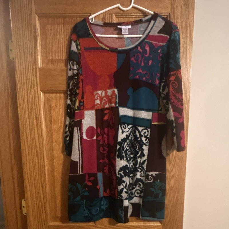 Serengeti Women's M Knit Tunic Top Multicolor Geometric 3/4 Sleeve Scoop Neck