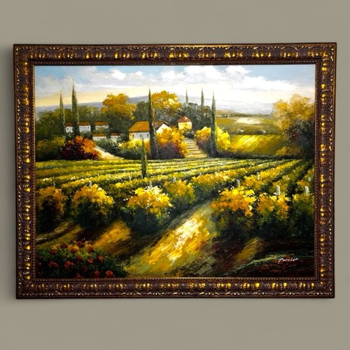 Vintage Impressionist Oil Painting Large 4’x3’ Tuscan Vineyard Signed Framed