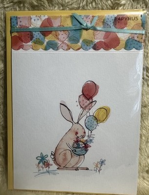 Papyrus Easter Card Watercolor Doodle Bunny Balloons Glitter Ribbon