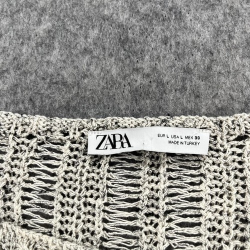 Zara Top Women L Striped Crochet Long Sleeve Round Neck Pullover Stone - Picture 6 of 12
