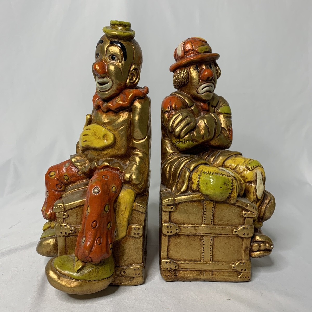 1940 Brass Clown Head Bookends クラウンヘッド 1972 Progressive Art Products Chalk Clowns Bookends Happy / Sad