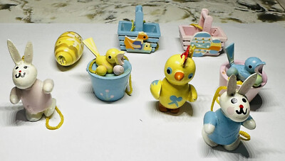 8 Vintage Wooden MINI Easter Ornament LOT Easter Tree Eggs Bunny Birds Chick