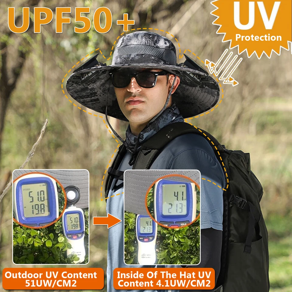 Solar Fan Hat Men Wide Brim Sun Fishing Outdoor Bucket Rechargeable With 2 Fan - Image 2 of 4