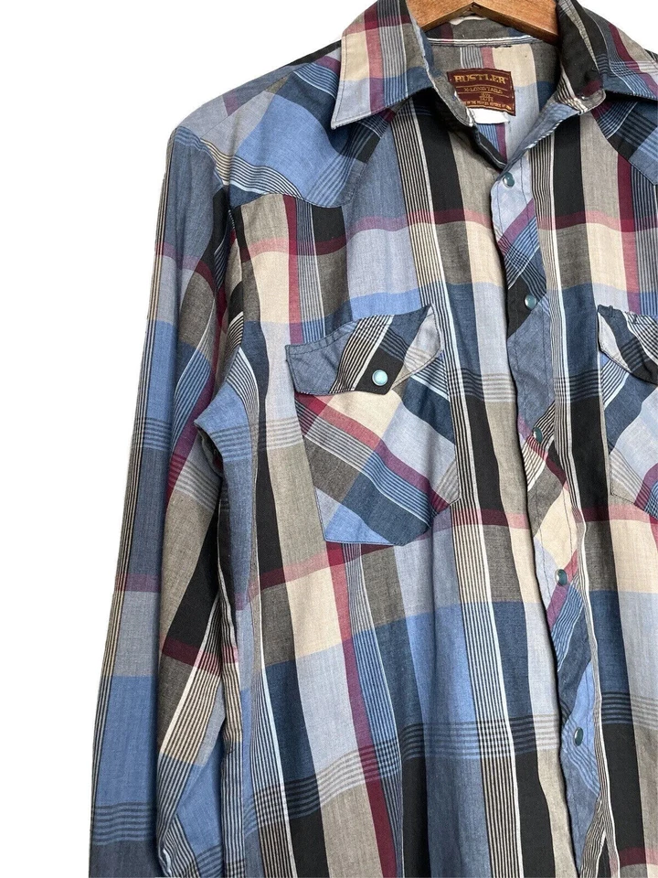 Camisa Western Rustler Pearl Snap Vintage Azul Tostado + Rojo Cuadros Para Hombres 15 1/2 34/35 Foto 3 de 4
