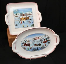 Set of 2 VILLEROY & BOCH Christmas Naif  Cake & Pickle serving plates  / trays
