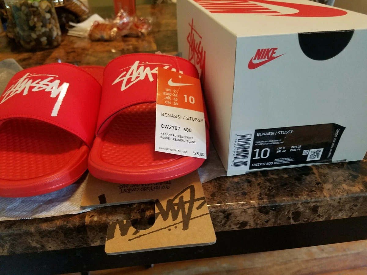 Nike X Stussy Benassi Slide Habanero Red NEW Size 10