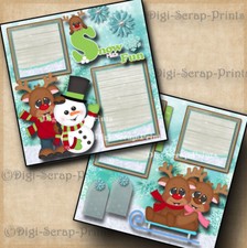 WINTER SNOW  2 premade scrapbook pages paper piecing SLEDDING SNOWMAN DIGISCRAP