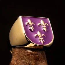 SHIELD SHAPED MENS BRASS KNIGHT RING ROYAL FLEUR DE LIS SEAL PURPLE SIZE 5