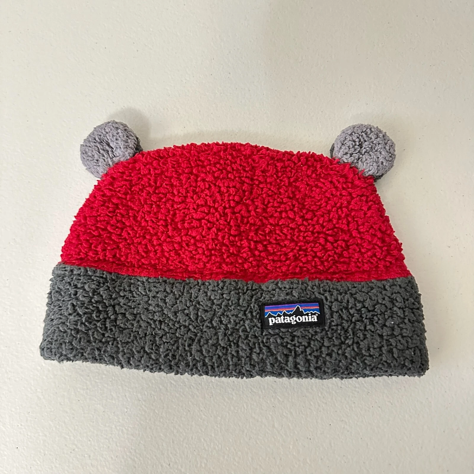 PATAGONIA Beanie Hat Baby Sz 6-12 Months Red Grey Furry Friends Fleece Outdoor