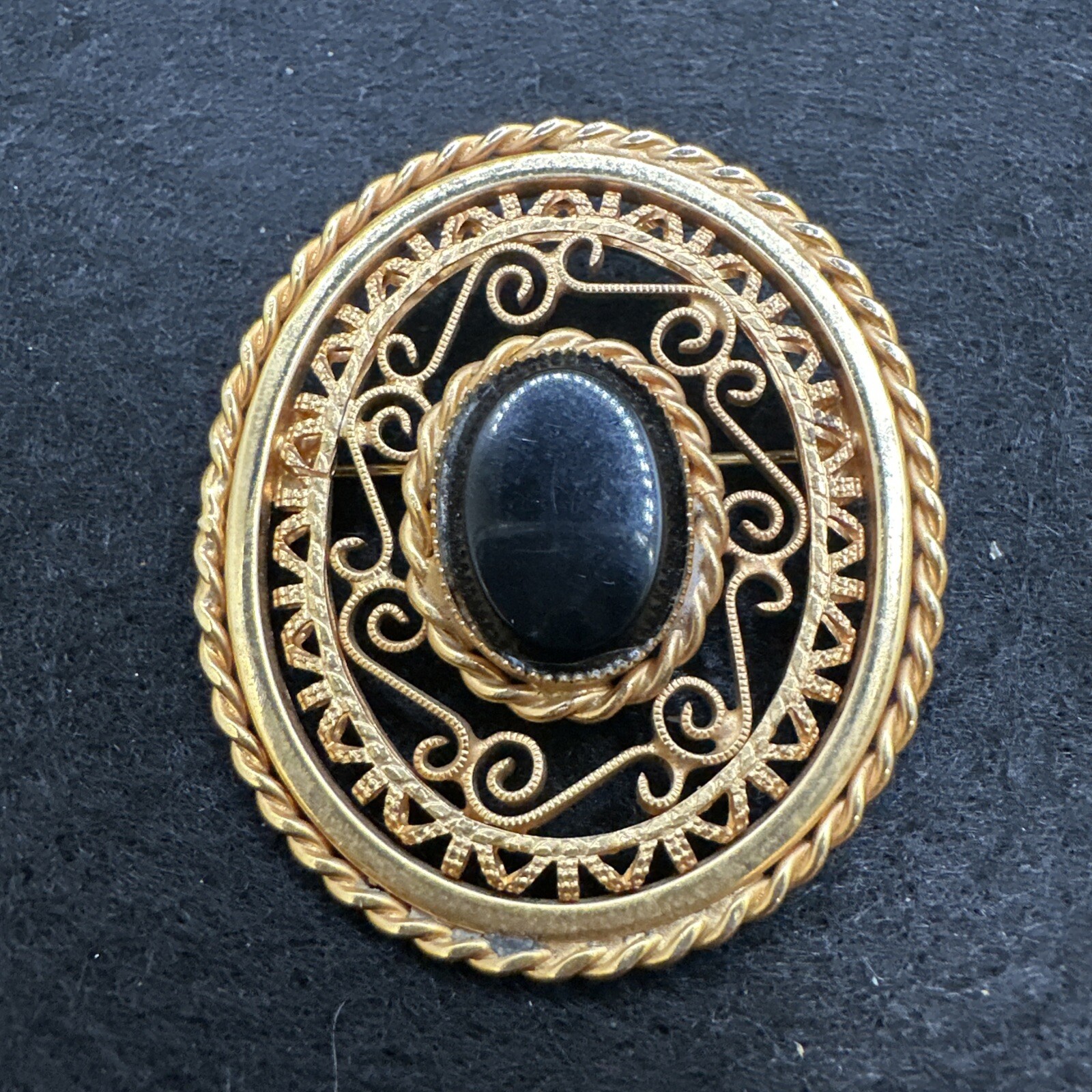 Antique Vintage Brass Gold ToneMourning Pin Brooch Black Onyx Cabochon