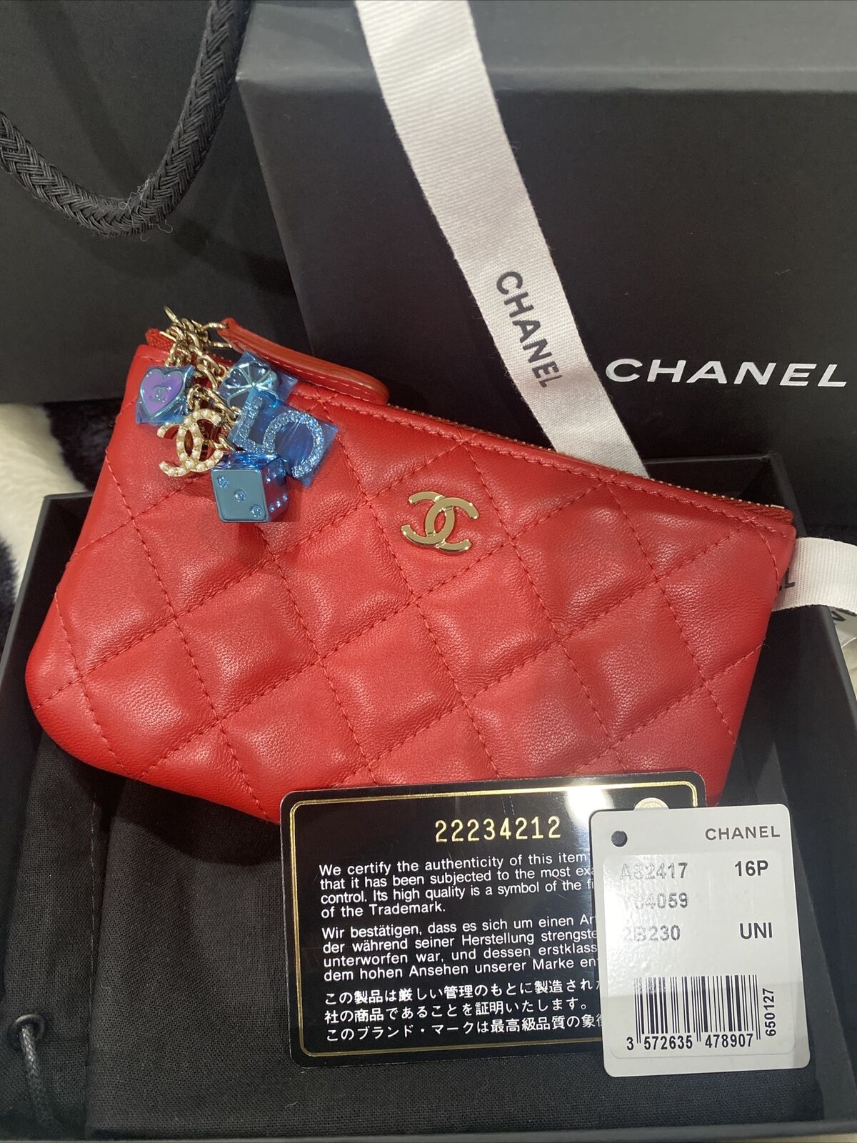 CHANEL 16P Lucky Casino Charms Mini O-Case Beauty CC Mademoiselle Zip Pouch  Red