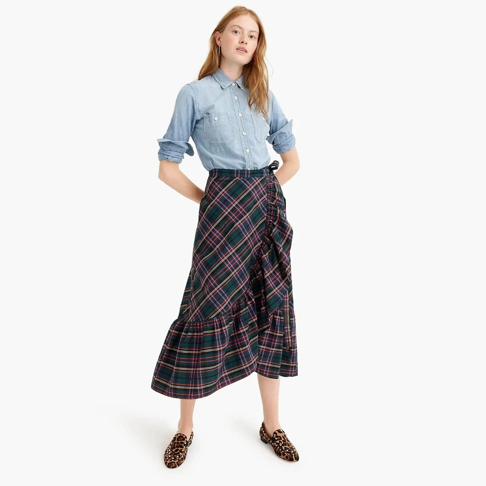 全新带标签 J.Crew 荷叶边裹身裙签名格子棉府绸 Midi 8 — 第 2/4 张图片