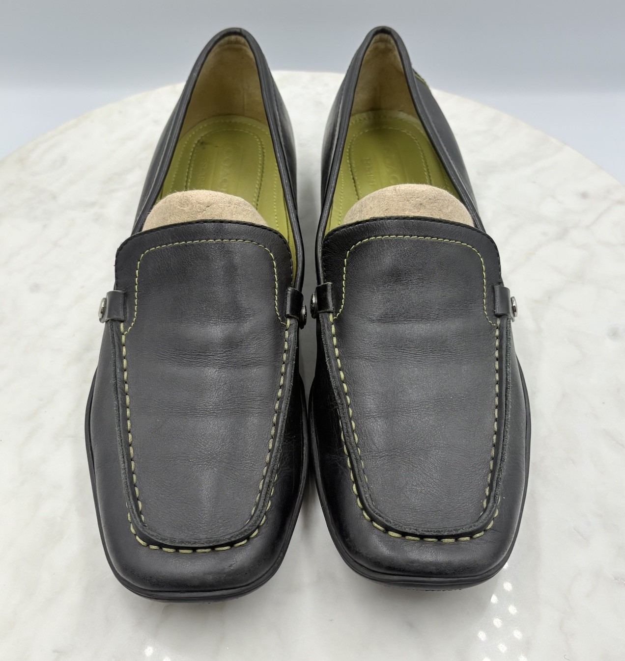 SAOLA Scarpe mocassino Coach margherita donna nero pelle suola gomma punta quadrata slip on taglia 9N