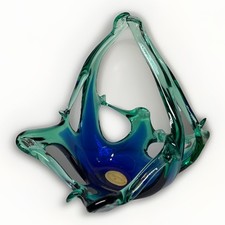 VTG Murano Glassware Crystal Clear Italy Stretched Glass Blue Green Basket
