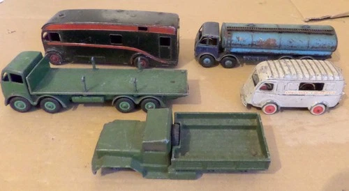 THREE VINTAGE DINKY TOYS AND ONE CIJ FRENCH AMBULANCE AND CORGI TRUCK