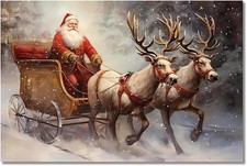 Vintage Christmas Canvas Wall Art Prints Santa Reindeer 18L x 12W, Unframed A