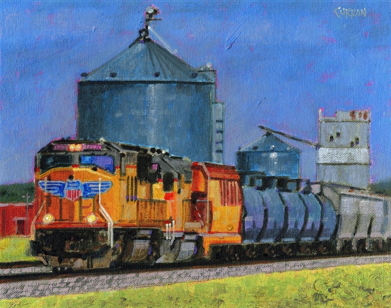 ORIGINAL OIL PAINTING, RAILROAD TRAIN LOCOMOTIVE CHOO-CHOO, listed artist NR!