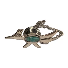 Vtg Signed Bell Trading Co Sterling 925 Turquoise Navajo Roadrunner Tie Tack Pin