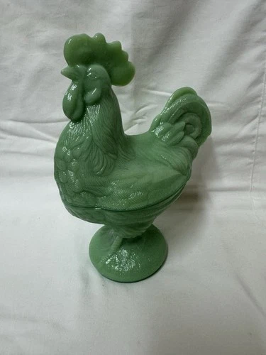 Green Jadeite Glass Depression Style Rooster Chicken Candy Dish  8.5"