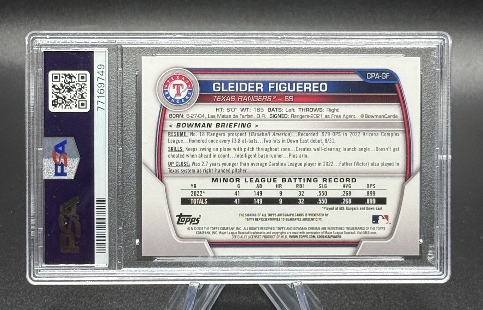 2023 Bowman 1st Chrome Pros Gleider Figuereo Auto /50 Gold Ref PSA 9 Rangers view 2