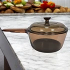 vintage pyrex vision amber glass 1.5L Sauce Pan pot teflon lined