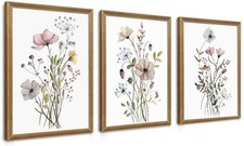 WRFON Framed Botanical Canvas Wall Art Set of 16"L x 12"W Pink Flower Framed 