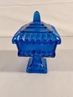 Vintage Jeanette Glass Blue Wedding Cake Box Compote Pedestal Candy Dish & Lid