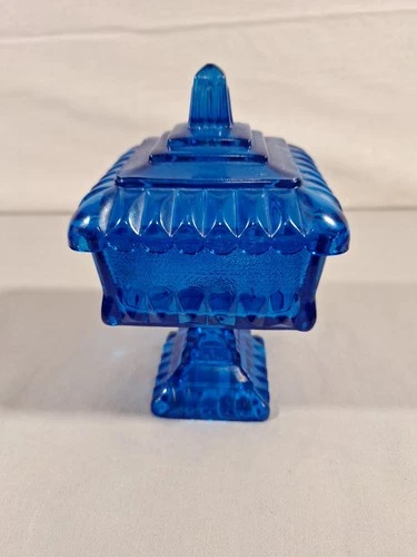 Vintage Jeanette Glass Blue Wedding Cake Box Compote Pedestal Candy Dish & Lid