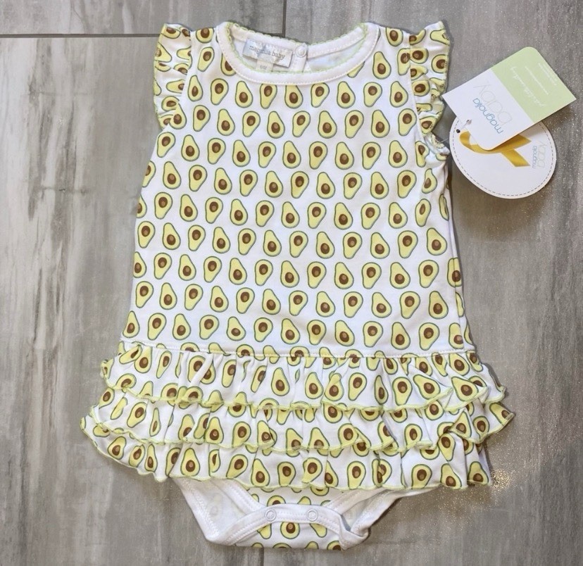New! Magnolia Baby Avocado Print Pima Cotton Ruffle Skirted Baby Romper girls 9M