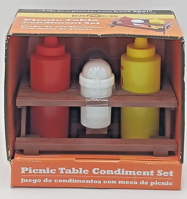 NEW IN BOX MR BAR-B-Q HEAVY PLASTIC PICNIC TABLE CONDIMENT SET WAITRESS ON FRONT