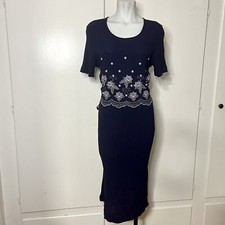 Vintage 90s Navy Embroidered Layered Midi Dress