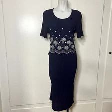 Vintage 90s Navy Embroidered Layered Midi Dress
