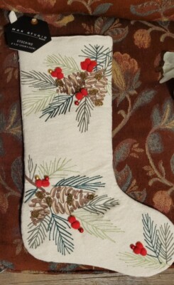 MAX STUDIO EMBROIDERED BEADED PINE PINECONES POM BERRIES CHRISTMAS STOCKING NWT